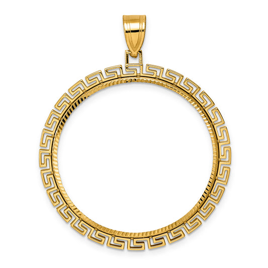 14K Yellow Gold 32 mm Coin Bezel Holder Pendant Charm Diamond Cut Greek Key Old US Series 1 oz Panda Australian Nugget Kangaroo Koala Prong