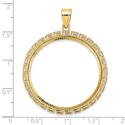 14K Yellow Gold 32.7 mm Coin Bezel Holder Pendant Charm Diamond Cut Greek Key 1 oz American Eagle Cat Krugerrand Prong