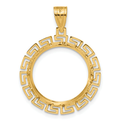 14K Yellow Gold 16.5 mm Coin Bezel Holder Pendant Charm Textured Greek Key 1/10 oz American Eagle Krugerrand Prong