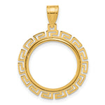 Carica l'immagine nel visualizzatore di Gallery, 14K Yellow Gold 16.5 mm Coin Bezel Holder Pendant Charm Textured Greek Key 1/10 oz American Eagle Krugerrand Prong
