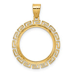 Carica l'immagine nel visualizzatore di Gallery, 14K Yellow Gold 18 mm Coin Bezel Holder Pendant Charm Textured Greek Key US Dime 1/10 oz Panda Cat Prong
