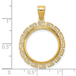 Carica l'immagine nel visualizzatore di Gallery, 14K Yellow Gold 18 mm Coin Bezel Holder Pendant Charm Textured Greek Key US Dime 1/10 oz Panda Cat Prong
