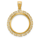 Carica l'immagine nel visualizzatore di Gallery, 14K Yellow Gold 18 mm Coin Bezel Holder Pendant Charm Textured Greek Key US Dime 1/10 oz Panda Cat Prong
