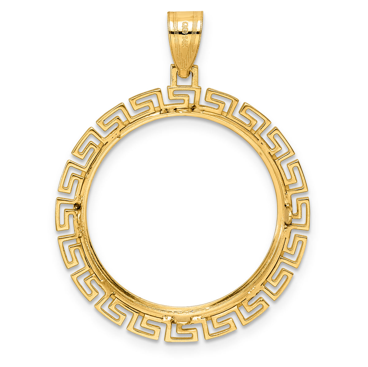 14K Yellow Gold 22 mm Coin Bezel Holder Pendant Charm Textured Greek Key 1/4 oz American Eagle Panda 2 Rand US $5 Jamestown Prong