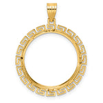 Załaduj obraz do przeglądarki galerii, 14K Yellow Gold 22 mm Coin Bezel Holder Pendant Charm Textured Greek Key 1/4 oz American Eagle Panda 2 Rand US $5 Jamestown Prong
