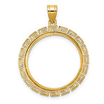 Załaduj obraz do przeglądarki galerii, 14K Yellow Gold 22 mm Coin Bezel Holder Pendant Charm Textured Greek Key 1/4 oz American Eagle Panda 2 Rand US $5 Jamestown Prong
