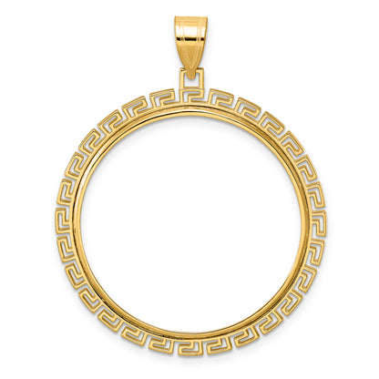 14K Yellow Gold 32 mm Coin Bezel Holder Pendant Charm Textured Greek Key Old US Series 1 oz Panda Australian Nugget Kangaroo Koala Prong