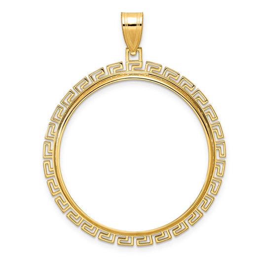 14K Yellow Gold 32.7 mm Coin Bezel Holder Pendant Charm Textured Greek Key 1 oz American Eagle Cat Krugerrand Prong