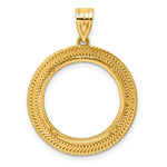 Load image into Gallery viewer, 14K Yellow Gold 18 mm Coin Bezel Holder Pendant Diamond Cut Layered US Dime 1/10 oz Panda Cat Prong
