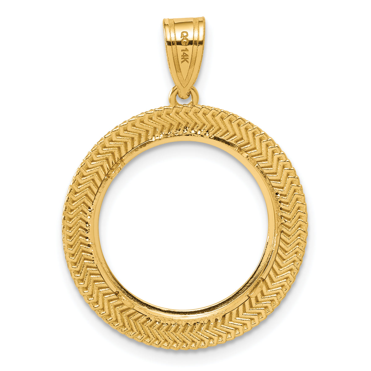 14K Yellow Gold 16.5 mm Coin Bezel Holder Pendant Textured Layered 1/10 oz American Eagle Krugerrand Prong