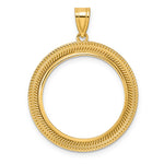 將圖片載入圖庫檢視器 14K Yellow Gold 22 mm Coin Bezel Holder Pendant Textured Layered 1/4 oz American Eagle Panda 2 Rand US $5 Jamestown Prong
