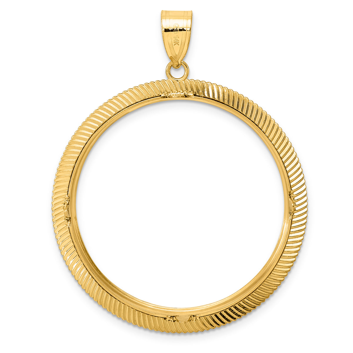 14K Yellow Gold 32.7 mm Coin Bezel Holder Pendant Textured Scalloped 1 oz American Eagle Cat Krugerrand Prong