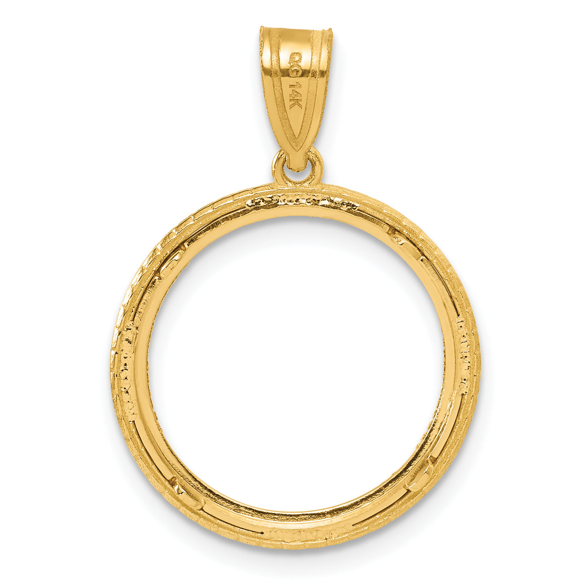 14K Yellow Gold 16.5 mm Coin Bezel Holder Pendant Diamond Cut Squares 1/10 oz American Eagle Krugerrand Prong