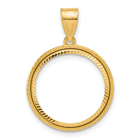 14K Yellow Gold 16.5 mm Coin Bezel Holder Pendant Diamond Cut Squares 1/10 oz American Eagle Krugerrand Prong
