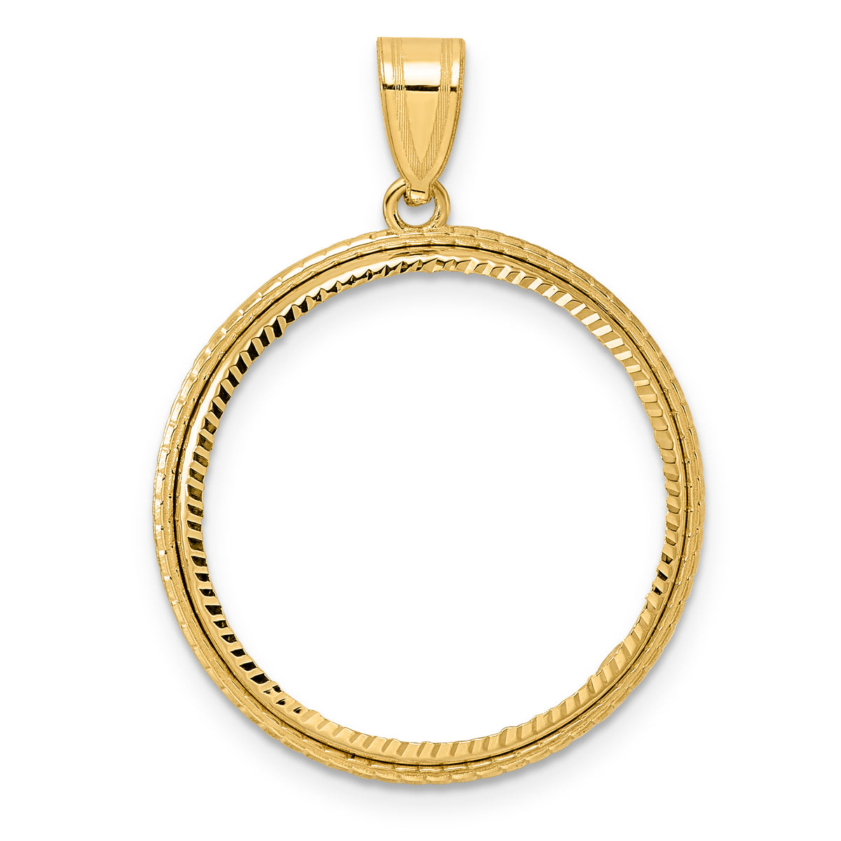 14K Yellow Gold 22 mm Coin Bezel Holder Pendant Diamond Cut Squares 1/4 oz American Eagle Panda 2 Rand US $5 Jamestown Prong