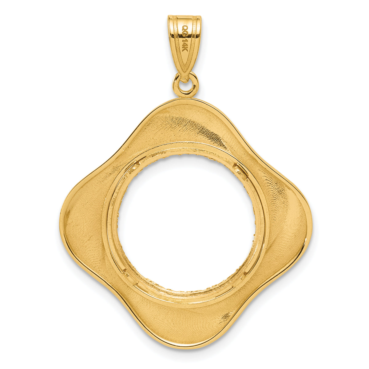 14K Yellow Gold 16.5 mm Coin Bezel Holder Pendant Diamond Cut Riptide Diagonal Riptide 1/10 oz American Eagle Krugerrand Prong