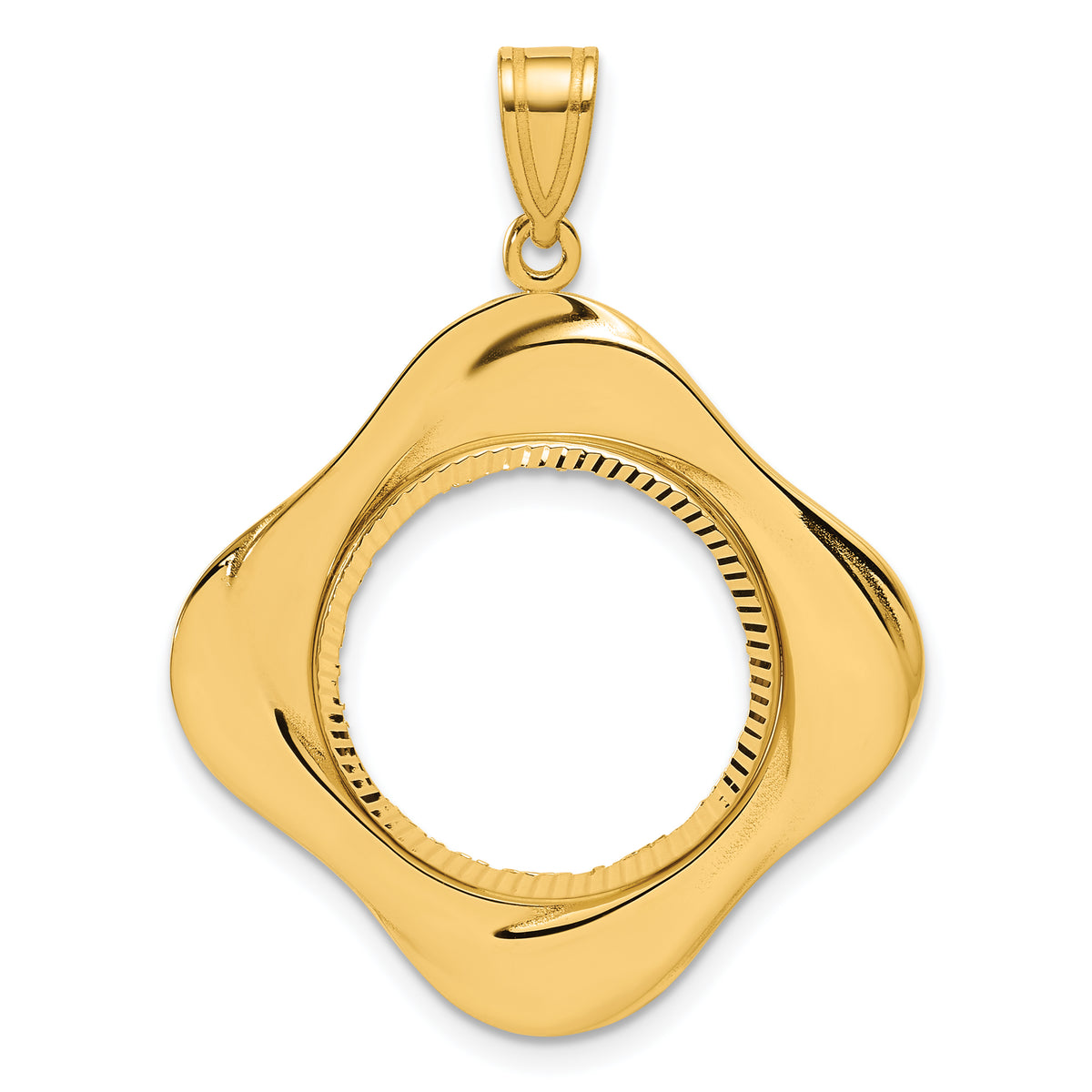 14K Yellow Gold 16.5 mm Coin Bezel Holder Pendant Diamond Cut Riptide Diagonal Riptide 1/10 oz American Eagle Krugerrand Prong