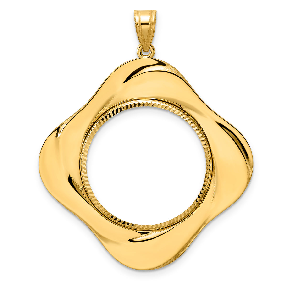 14K Yellow Gold 22 mm Coin Bezel Holder Pendant Diamond Cut Riptide Diagonal Riptide 1/4 oz American Eagle Panda 2 Rand US $5 Jamestown Prong