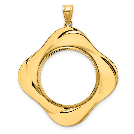 14K Yellow Gold 22 mm Coin Bezel Holder Pendant Diamond Cut Riptide Diagonal Riptide 1/4 oz American Eagle Panda 2 Rand US $5 Jamestown Prong