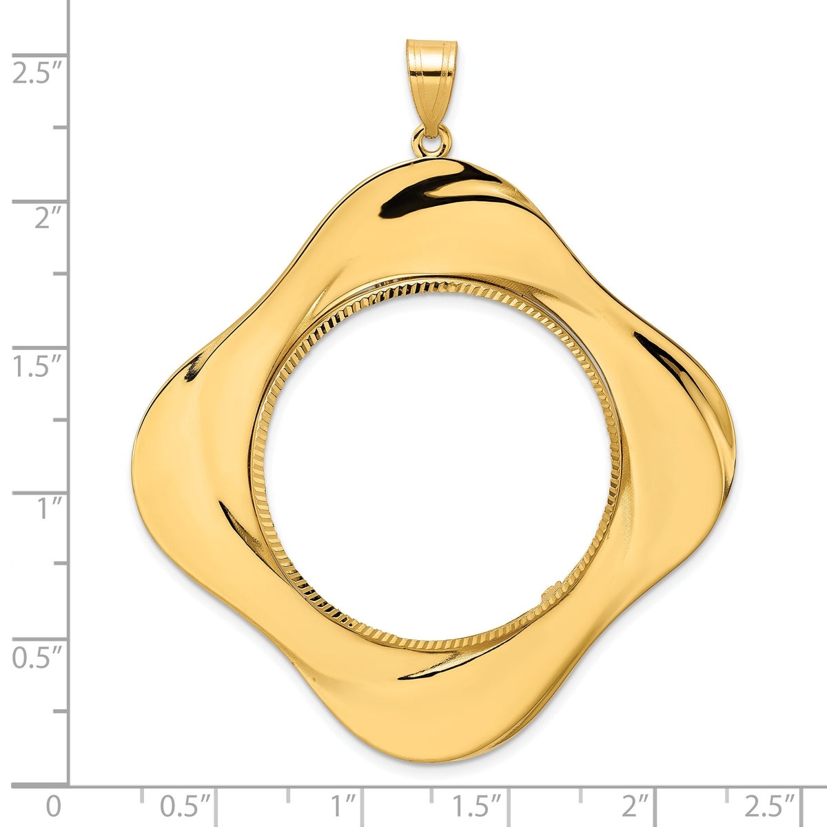 14K Yellow Gold 32.7 mm Coin Bezel Holder Pendant Diamond Cut Riptide Diagonal Riptide 1 oz American Eagle Cat Krugerrand Prong
