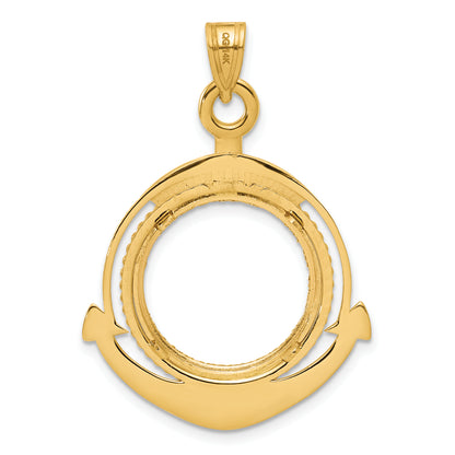 14K Yellow Gold 16.5 mm Coin Bezel Holder Pendant Diamond Cut Ships Anchor 1/10 oz American Eagle Krugerrand Prong