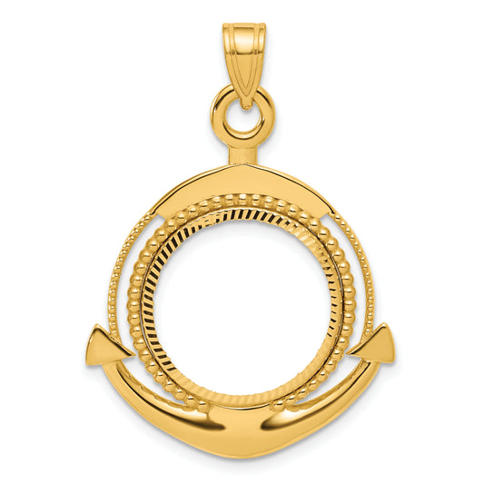 14K Yellow Gold 16.5 mm Coin Bezel Holder Pendant Diamond Cut Ships Anchor 1/10 oz American Eagle Krugerrand Prong