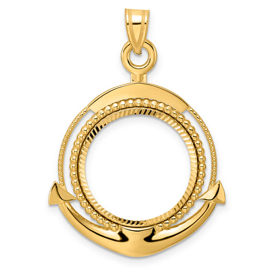14K Yellow Gold 18 mm Coin Bezel Holder Pendant Diamond Cut Ships Anchor US Dime 1/10 oz Panda Cat Prong
