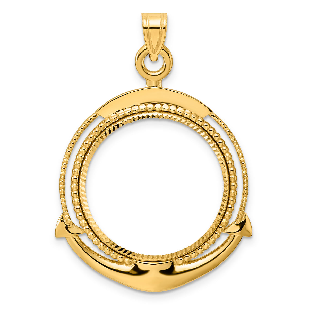 14K Yellow Gold 22 mm Coin Bezel Holder Pendant Diamond Cut Ships Anchor 1/4 oz American Eagle Panda 2 Rand US $5 Jamestown Prong