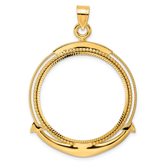 14K Yellow Gold 32.7 mm Coin Bezel Holder Pendant Diamond Cut Ships Anchor 1 oz American Eagle Cat Krugerrand Prong