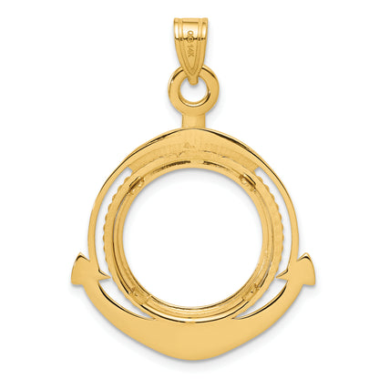 14K Yellow Gold 16.5 mm Coin Bezel Holder Pendant Beaded Ships Anchor 1/10 oz American Eagle Krugerrand Prong