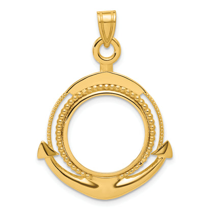 14K Yellow Gold 16.5 mm Coin Bezel Holder Pendant Beaded Ships Anchor 1/10 oz American Eagle Krugerrand Prong