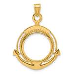 Indlæs billede til gallerivisning 14K Yellow Gold 16.5 mm Coin Bezel Holder Pendant Beaded Ships Anchor 1/10 oz American Eagle Krugerrand Prong
