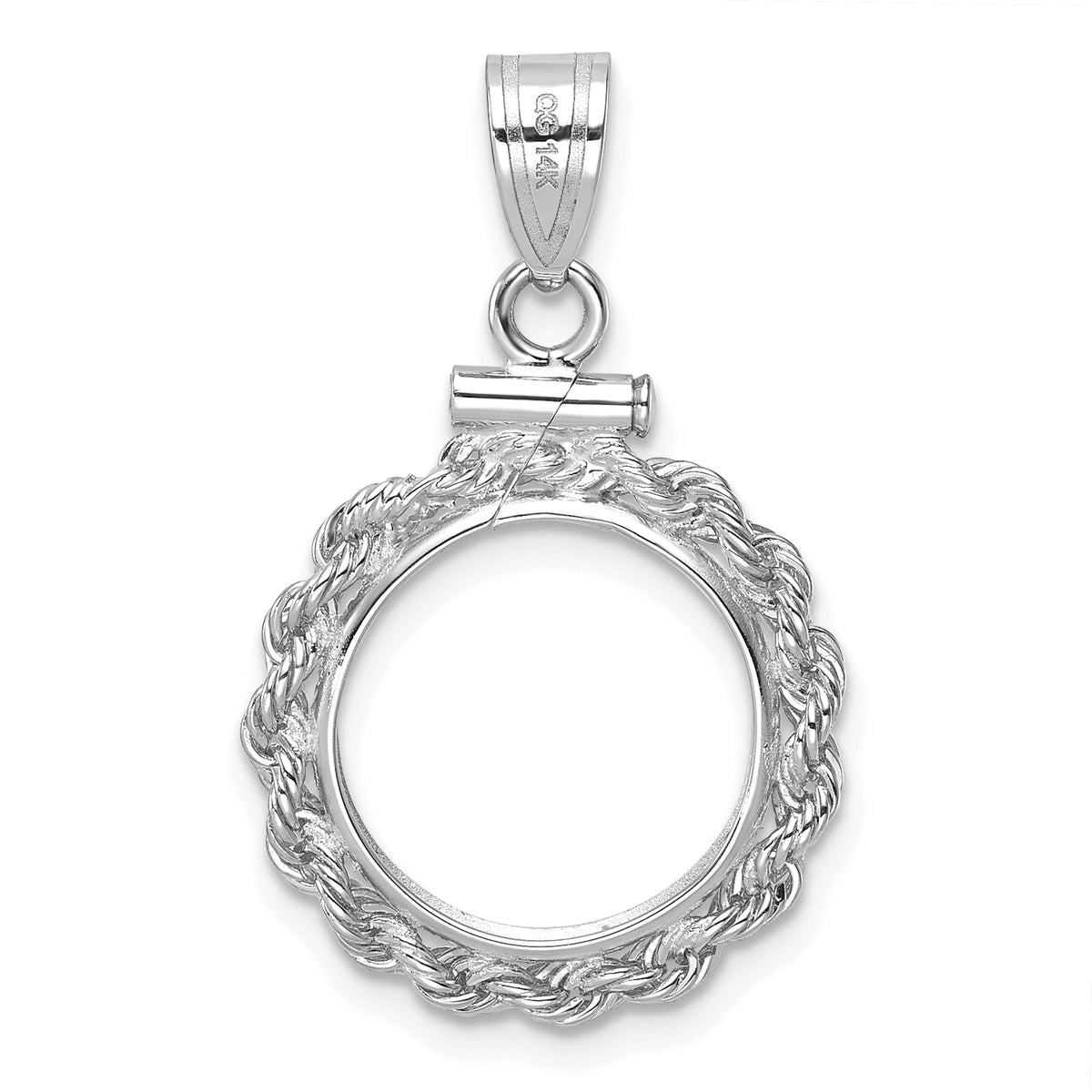 14K White Gold 13 mm Coin Bezel Holder Pendant Charm Diamond Cut Rope Edge US $1 Dollar Type 1 and 2 Peso Screw Top