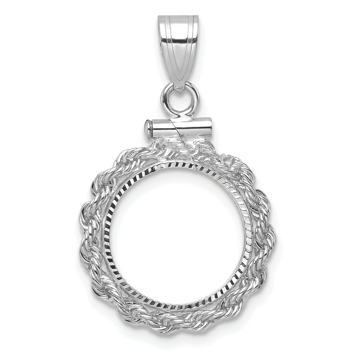 14K White Gold 13 mm Coin Bezel Holder Pendant Charm Diamond Cut Rope Edge US $1 Dollar Type 1 and 2 Peso Screw Top