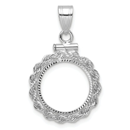 14K White Gold 13 mm Coin Bezel Holder Pendant Charm Diamond Cut Rope Edge US $1 Dollar Type 1 and 2 Peso Screw Top