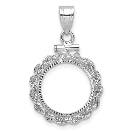 14K White Gold 13 mm Coin Bezel Holder Pendant Charm Diamond Cut Rope Edge US $1 Dollar Type 1 and 2 Peso Screw Top