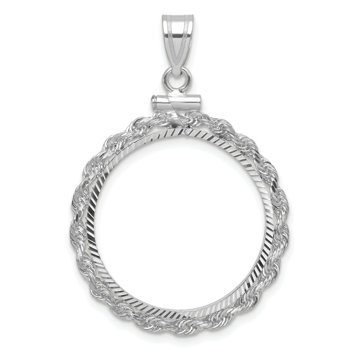 14K White Gold 21.6 mm Coin Bezel Holder Pendant Charm Diamond Cut Rope Edge US $5 Dollar Liberty Indian Statue of Liberty Bald Eagle Congressional Screw Top