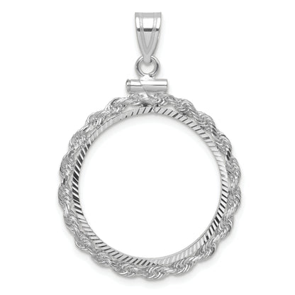 14K White Gold 21.6 mm Coin Bezel Holder Pendant Charm Diamond Cut Rope Edge US $5 Dollar Liberty Indian Statue of Liberty Bald Eagle Congressional Screw Top