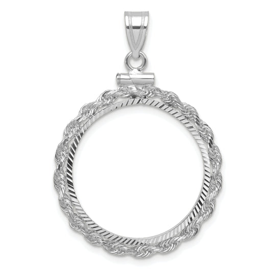 14K White Gold 21.6 mm Coin Bezel Holder Pendant Charm Diamond Cut Rope Edge US $5 Dollar Liberty Indian Statue of Liberty Bald Eagle Congressional Screw Top