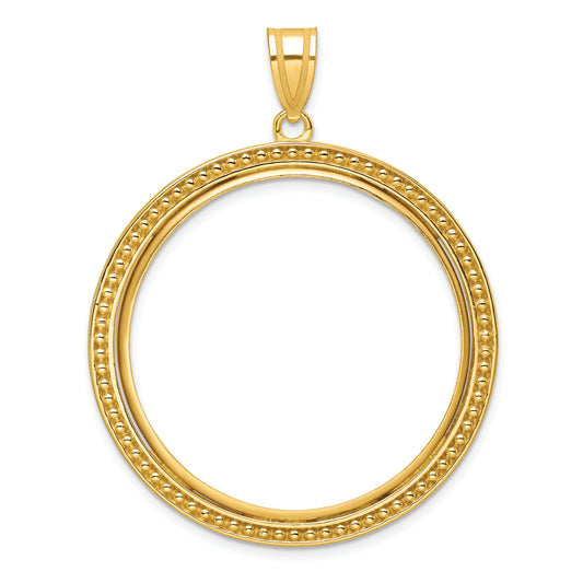 10K Yellow Gold 32.7 mm Coin Bezel Holder Pendant Beaded 1 oz American Eagle Cat Krugerrand Prong