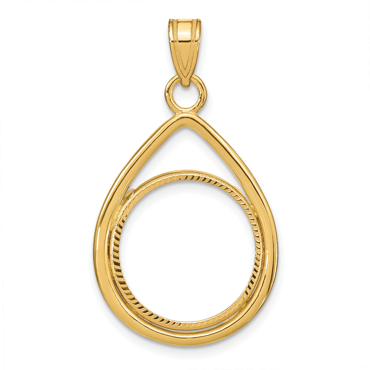 10K Yellow Gold 16.5 mm Coin Bezel Holder Pendant Diamond Cut Teardrop 1/10 oz American Eagle Krugerrand Prong