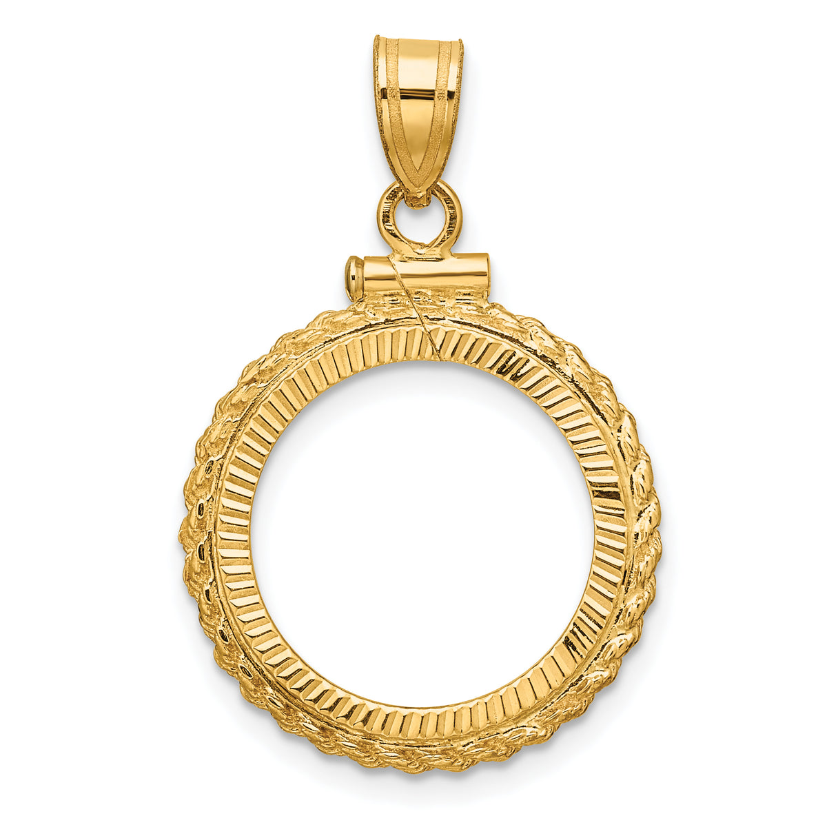 14K Yellow Gold 16.5 mm Coin Bezel Holder Pendant Charm Diamond Cut Rope Edge 1/10 oz American Eagle Krugerrand Screw Top