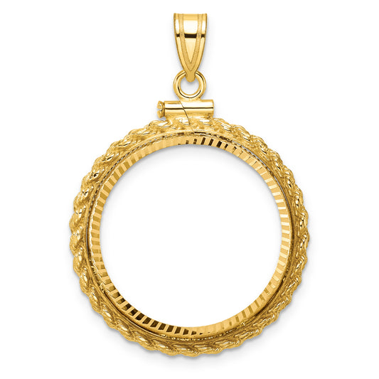 14K Yellow Gold 22 mm Coin Bezel Holder Pendant Charm Diamond Cut Rope Edge 1/4 oz American Eagle Panda 2 Rand US $5 Jamestown Screw Top
