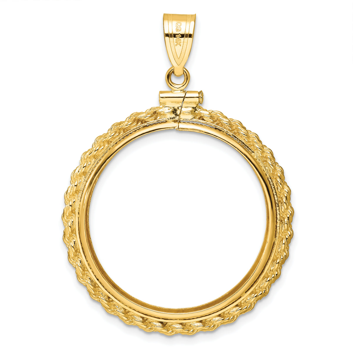 14K Yellow Gold 27 mm Coin Bezel Holder Pendant Charm Diamond Cut Rope Edge 1/2 oz American Eagle Panda US $10 Dollar Liberty Indian Screw Top