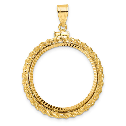 14K Yellow Gold 27 mm Coin Bezel Holder Pendant Charm Diamond Cut Rope Edge 1/2 oz American Eagle Panda US $10 Dollar Liberty Indian Screw Top