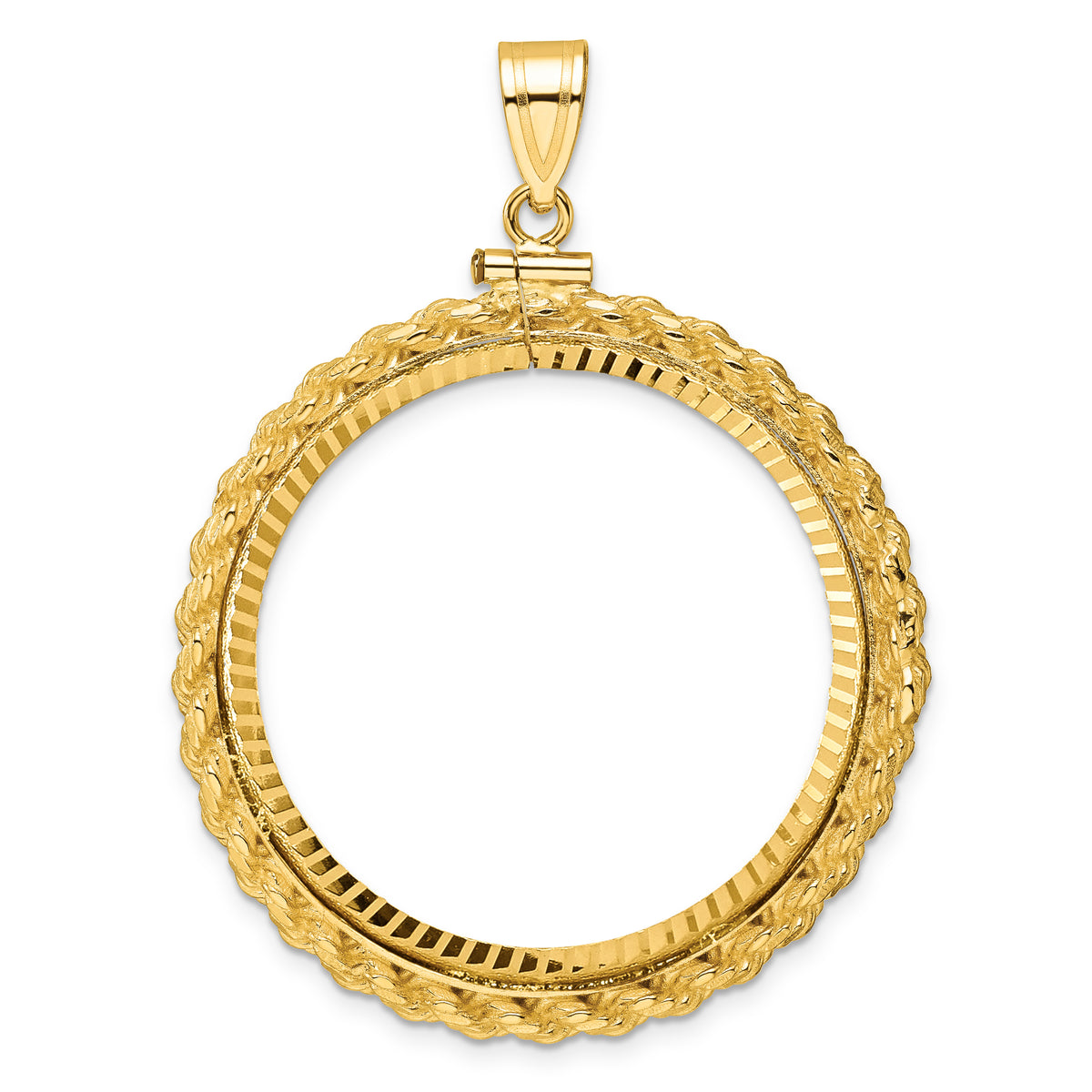 14K Yellow Gold 32.7 mm Coin Bezel Holder Pendant Charm Diamond Cut Rope Edge 1 oz American Eagle Cat Krugerrand Screw Top