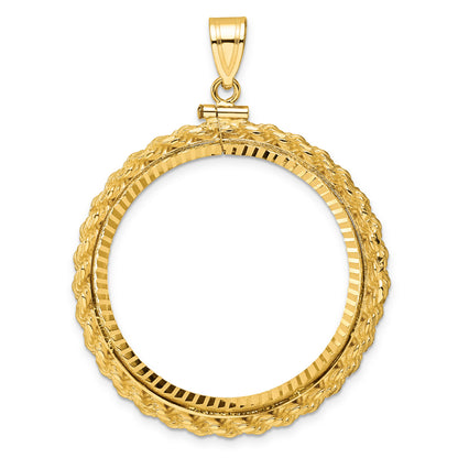 14K Yellow Gold 32.7 mm Coin Bezel Holder Pendant Charm Diamond Cut Rope Edge 1 oz American Eagle Cat Krugerrand Screw Top