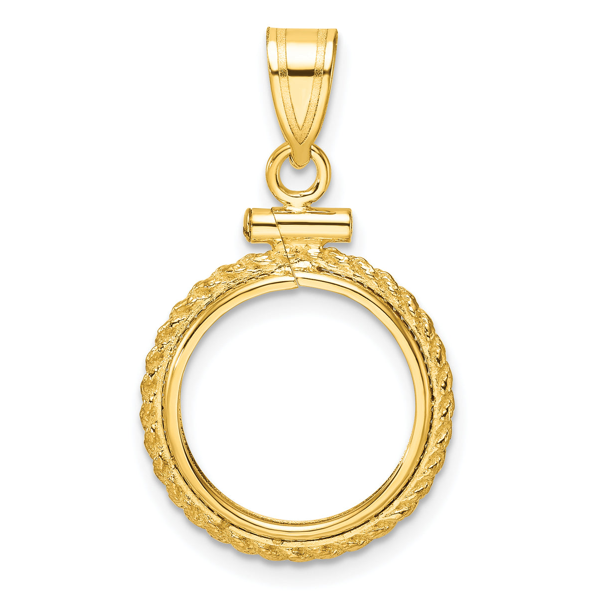 14K Yellow Gold 14 mm Coin Bezel Holder Pendant Charm Rope Edge 1/20 oz Maple Leaf Panda Kangaroo 1/25 oz Cat Screw Top