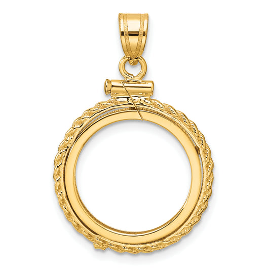 14K Yellow Gold 16.5 mm Coin Bezel Holder Pendant Charm Rope Edge 1/10 oz American Eagle Krugerrand Screw Top
