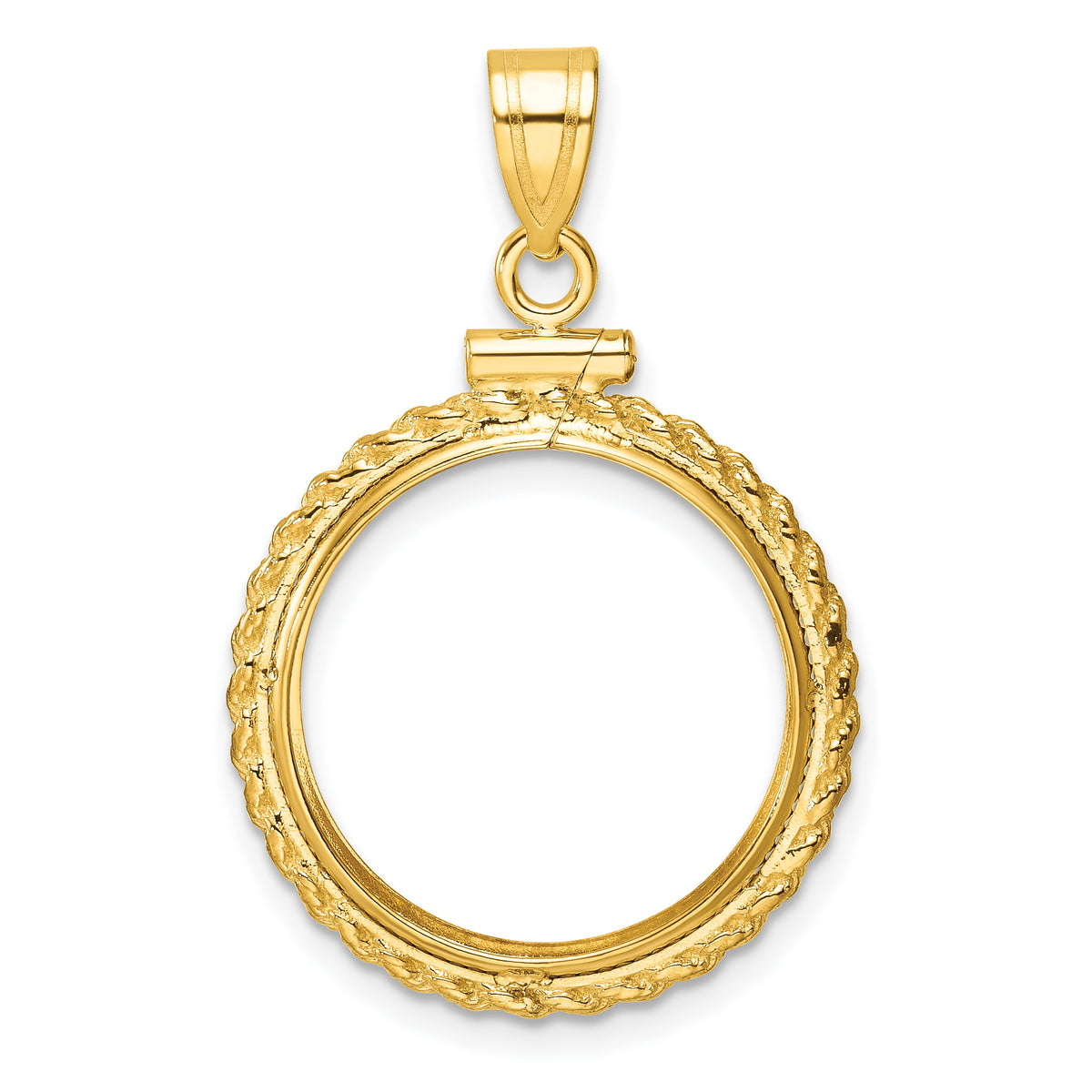14K Yellow Gold 18 mm Coin Bezel Holder Pendant Charm Rope Edge US Dime 1/10 oz Panda Cat Screw Top